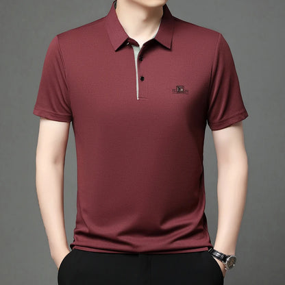 New Men's Business Casual Short Sleeved Shirt with Badge Solid Color Polo Shirt Fashionable Breathable Comfortable Versatile Top