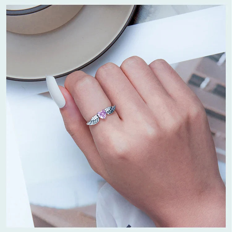 BAMOER 925 Sterling Silver Angel Wing Ring for Women Retro Feather Pink Heart Zircon Eternity Band Ring Anniversary Jewelry Gift