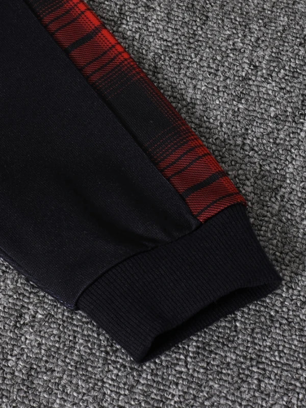 Spring Autumn Plaid Print Baby Boy Long Sleeve Hooded Fleece Lined Shirt Color Block Pants Two-Piece Casual Outfit for Toddlers
