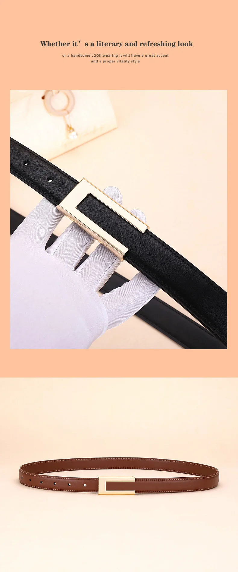 Genuine leather belt for women; cowhide fashion waist belt; versatile smooth buckle; 2025 dress decoration belt for