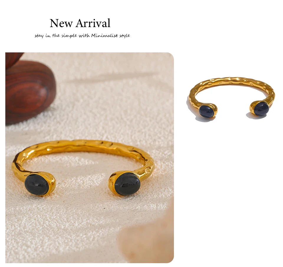 Yhpup 62mm High Quality Stainless Steel Multicolored Natural Stone Golden Cuff Open Bracelet Bangle Water Resistant Jewelry