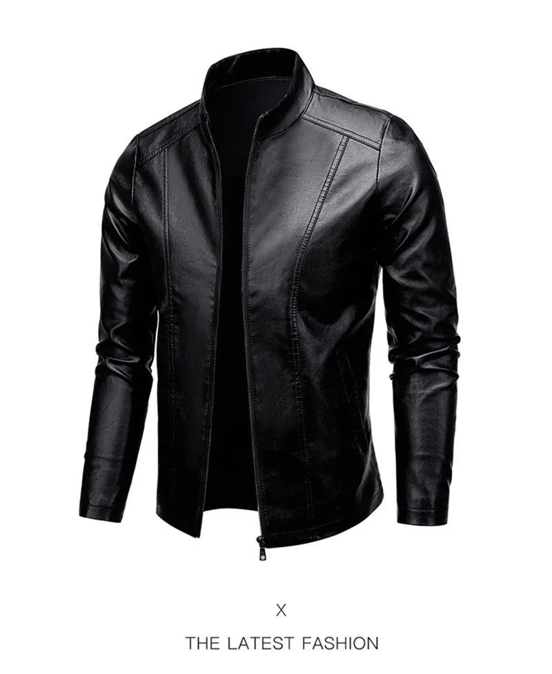 Men Leather Coat Vintage Classic Stand Collar Male Faux Leather Jacket