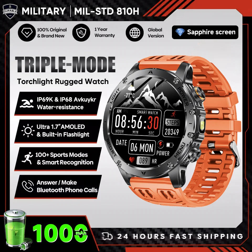 New T-REX3 Outdoor 1000mAh Battery Smart Watch 1.7" Large Screen Flashlight 10ATM Waterproof Call Sports Fitness Men Smartwatch