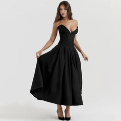 Black Sleeveless Strapless Elegant Wedding Prom Dress with Chest Pad Midi A-Line Party Evening Dresses for Women 2024