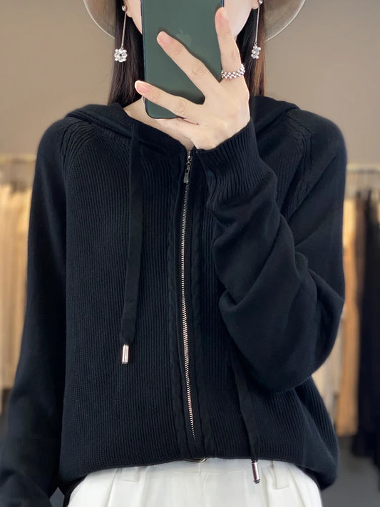 autumn and winter hooded cardigan women's knitted top loose sweater casual