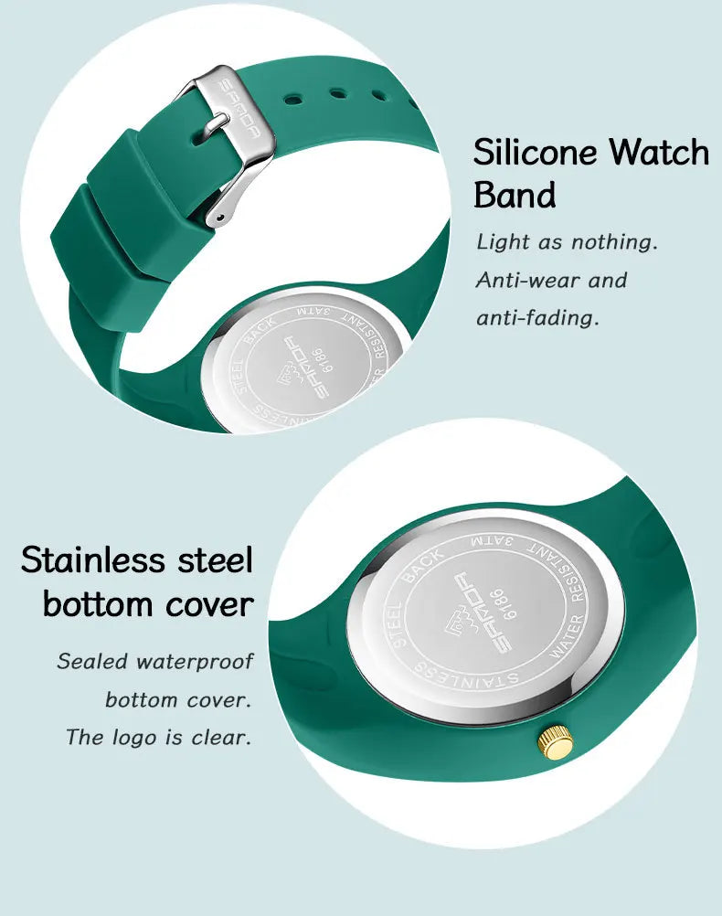 SANDA 6186 Simple Luxury Student Quartz Watch Clock Gift Outdoor Light Silicone Strap Wristwatch for Boy and Girl
