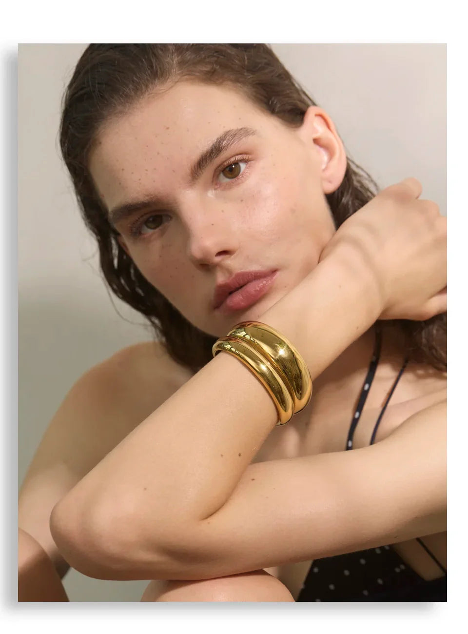 Yhpup 18K Golden PVD Plated Stainless Steel Double Layer Cuff Statement Bracelet Bangle Smooth Metal Texture Attractive Jewelry