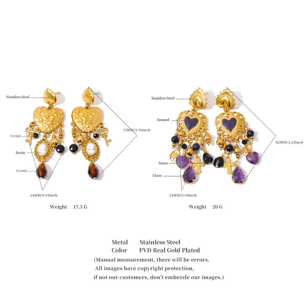 Yhpup Vintage Stainless Steel Heart Cross Key Charm Pendant Drop Earrings Golden Plated Crystal Resin Stone Waterproof Jewelry