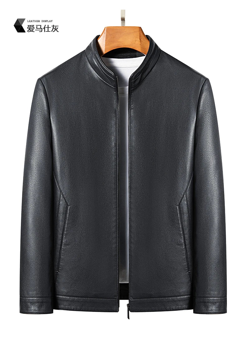 Spring and Autumn Men's Genuine Leather Polo Mock Neck Jacket Fashion