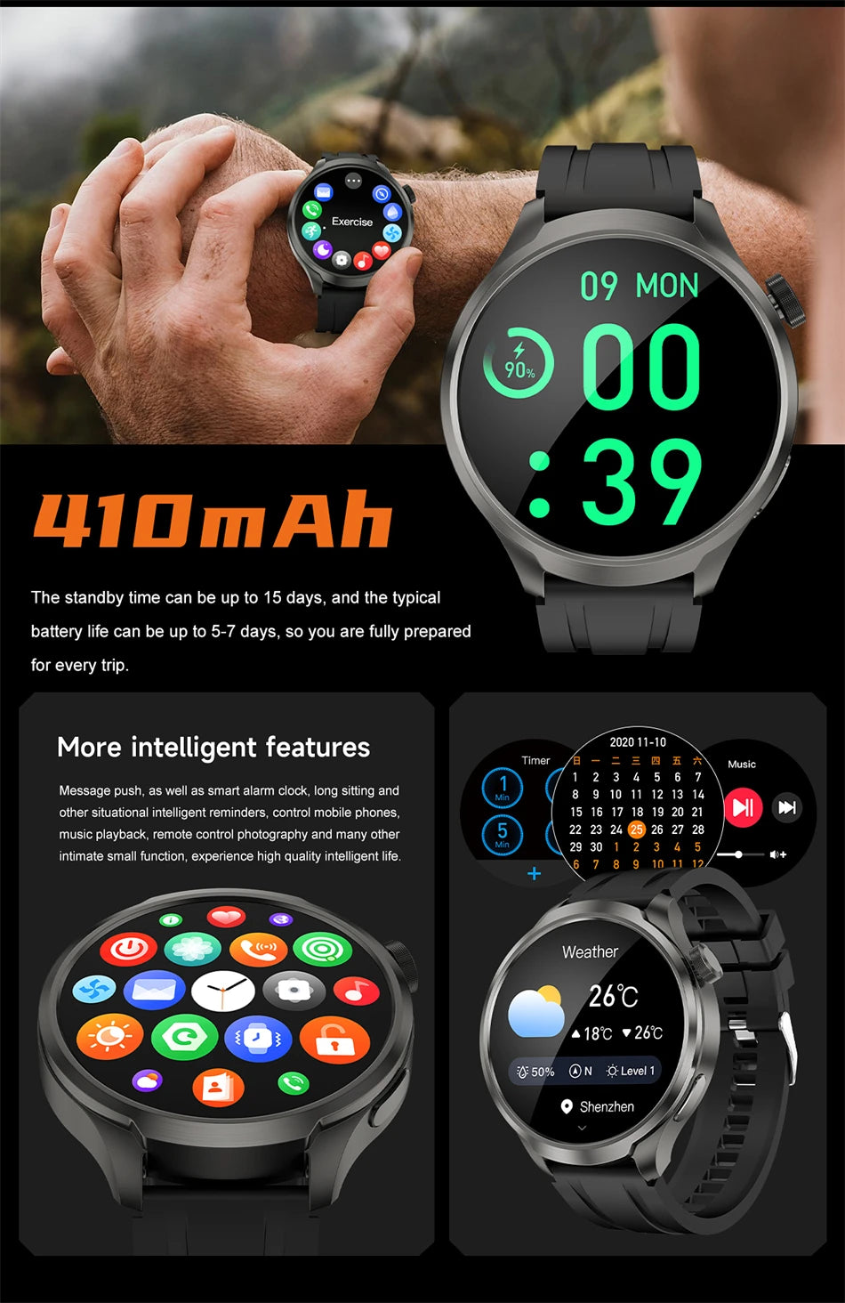 BOXUXING 1.85-inch Smart Watch Men Sport Waterproof Fitness Heart Rate Watches Compass GPS Track NFC Bluetooth Call Smartwatch