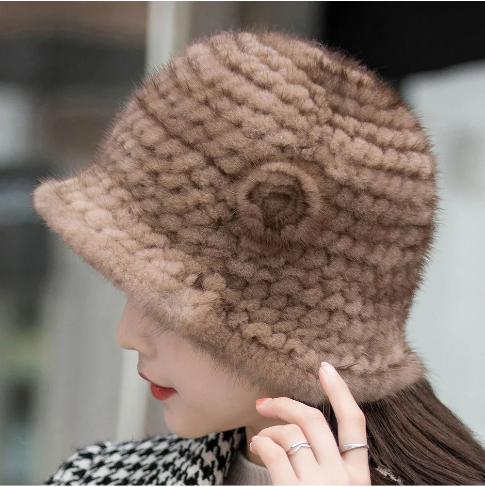 Woman Hat Winter Solid Mink Caps With Flower Natural Mink Fur Hats New Russian Girl Soft Knitting Real Fur Bucket Hats 2026 Warm