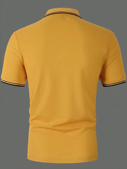 Men Horse Print Striped Trim Polo Shirt Short Sleeve Basic Modern Solid Color Golf Shirt Men's Clothing