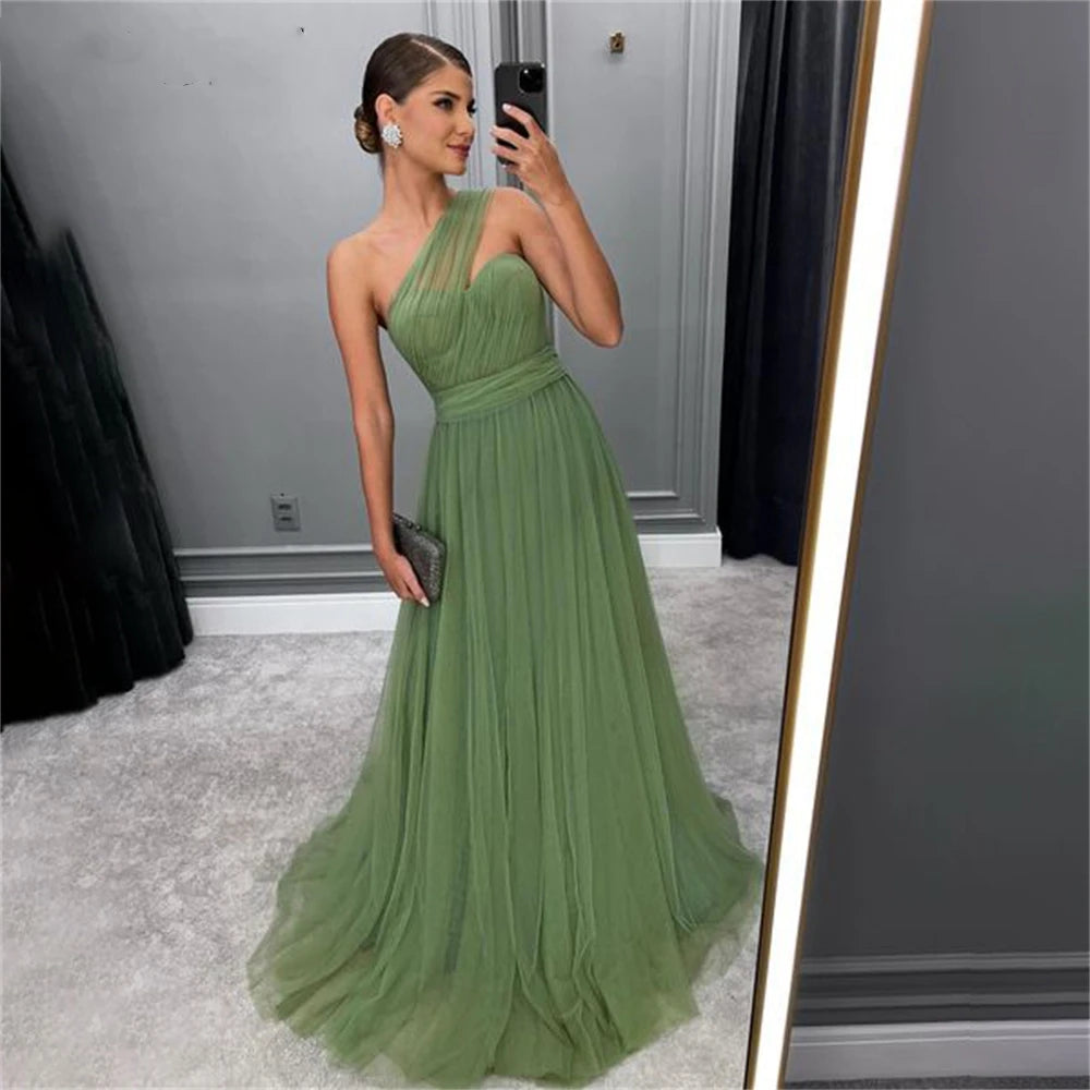 Homecoming Dresses: One Shoulder Prom Gown Net Sage Green Wedding Evening Dress