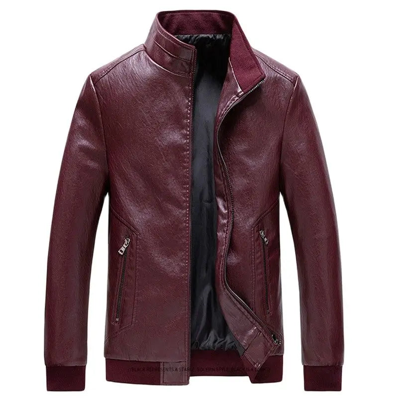 Mens Motorcycle Jacket  Solid Color Stand Collar PU Leather Jackets