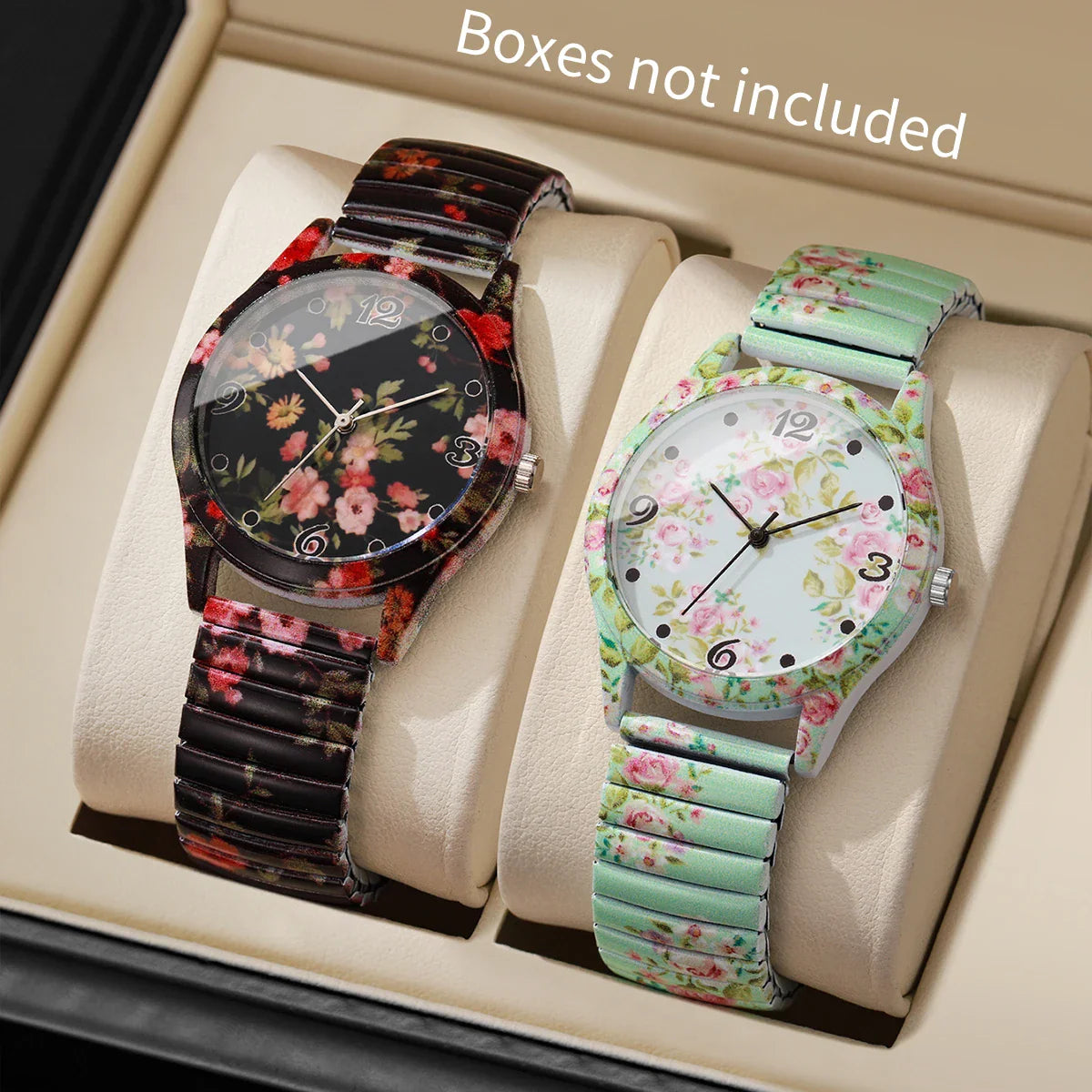 2/3PCS Fashion Flower Printed Women Quartz Wristwatches Set Ladies Casual Elastic Strap Arabic Dial Watch（Without Box）