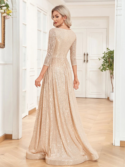 Evening Dresses: V Neck Long Sleeves Blue Sequins Formal Evening Dress