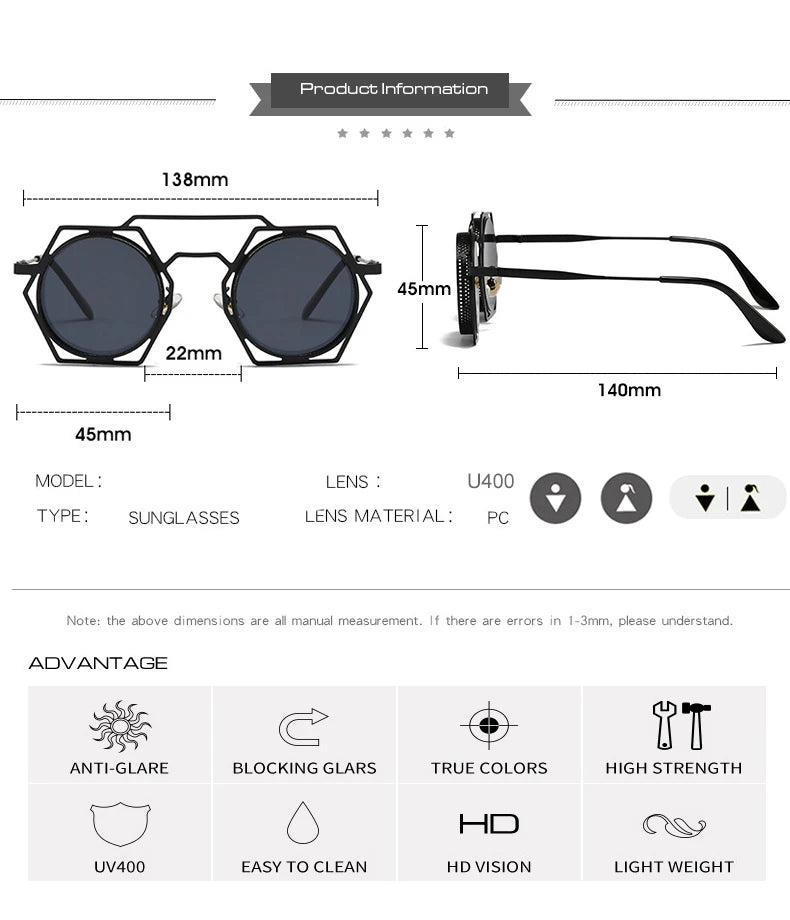OEC CPO Steampunk Round Sunglasses Women Men 2023 Metal Mesh Personality Sun Glasses Female Eyewear Goggle UV400 Shades Oculos