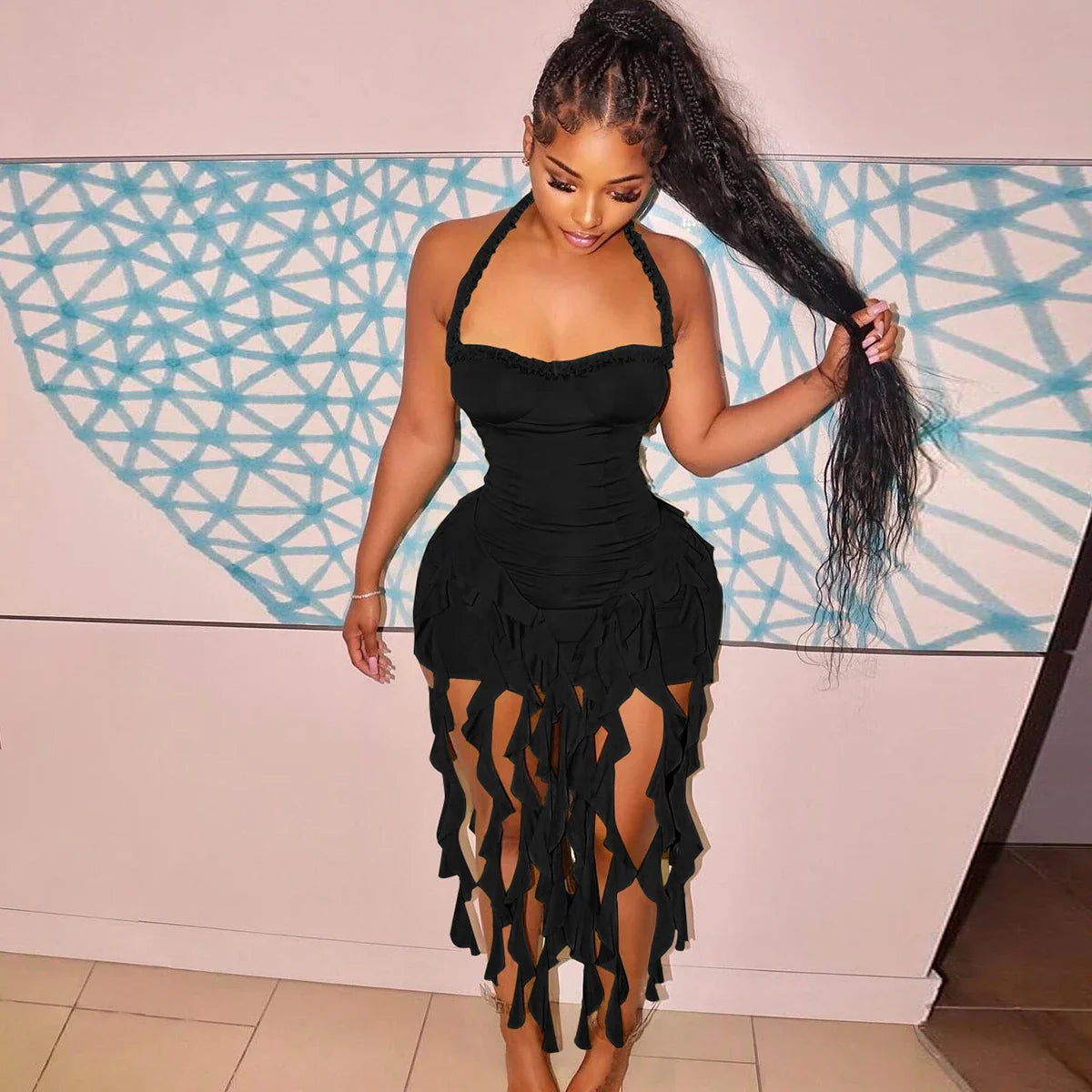 Hugcitar Elegant Halter Solid Ruffles Backless Taseel Sexy Slim Mini Dress Spring Women Cute Outfits Birthday Party Vacation