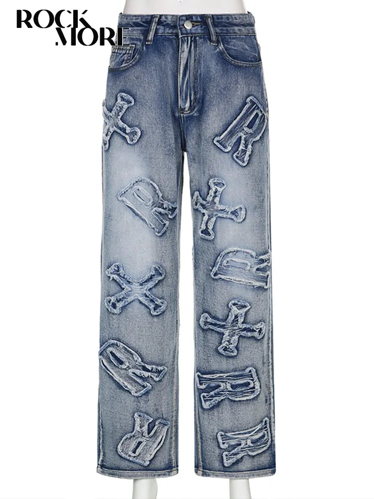 Rockmore Patchwork Women's Jeans Y2K Streetwear Baggy Straight Cargo Pants Punk High Waist Wide Leg Denim Trousers 90s Vintage