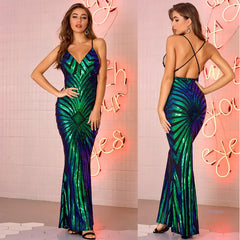 Bodycon Dress V-neck Halter Long Sequin Dress Gown Maxi Dresses