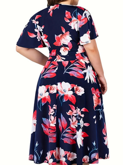 Plus Size Floral Print Cinched Waist Dress, Elegant Short Sleeve Dress For Spring & Summer, Women's Plus Size Clothing