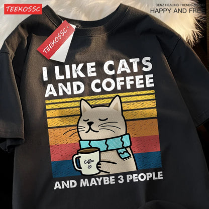I Like Cats And Coffee Men Women T-Shirt Cotton Tee Clothes Hip Hop Loose Tshirt Fashion Crewneck T-Shirt Streetwear Couple