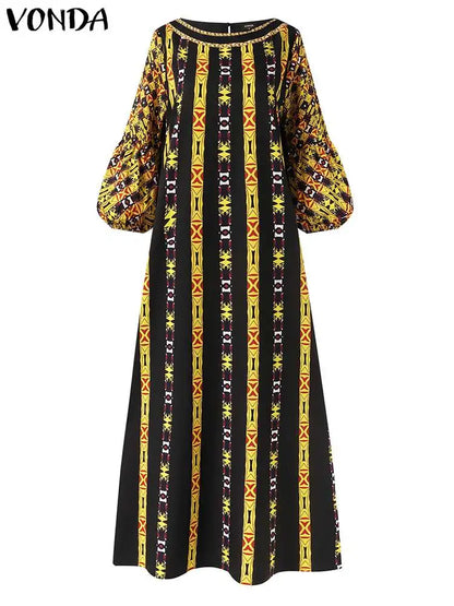 VONDA Plus Size 5XL Dress Women Long Maxi Sundress 2023 O-Neck Printed Casual Bohemian Robe Femme Lantern Sleeve Party Vestido