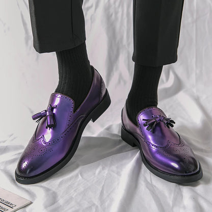 Hot Sale Fashion Purple Formal Dress Shoes Men Luxury Leather Brogue Shoes Men Designer Tassel Loafers Men Party Wedding Shoes