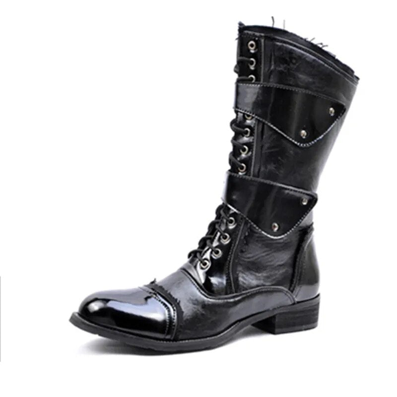 Gothic Punk Cosplay Dance Boots for Men Mid Leg Patent Leather Short Military Boots