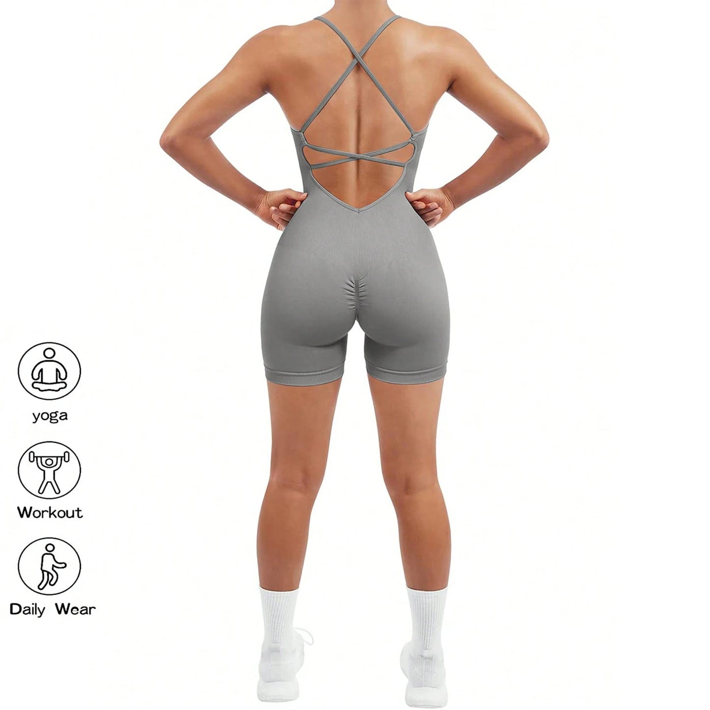 Yoga Criss Cross Backless Cami Sports Romper,Women's Jumpsuits Ribbed One Piece