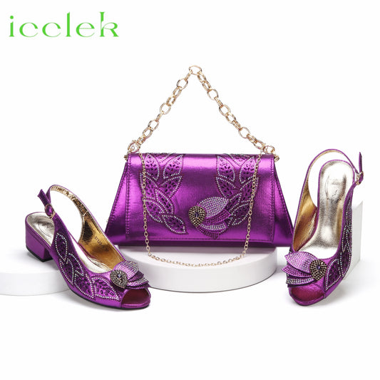 New Arrival Purple Color Women Peep Toe Sandals Shoes Matching bag Set For Mature Offices Ladies in Dress