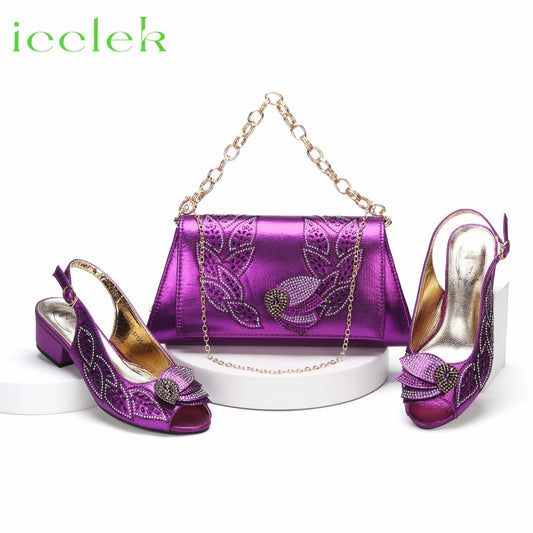 Purple Color Women Peep Toe Sandals Shoes Matching bag Set For Mature