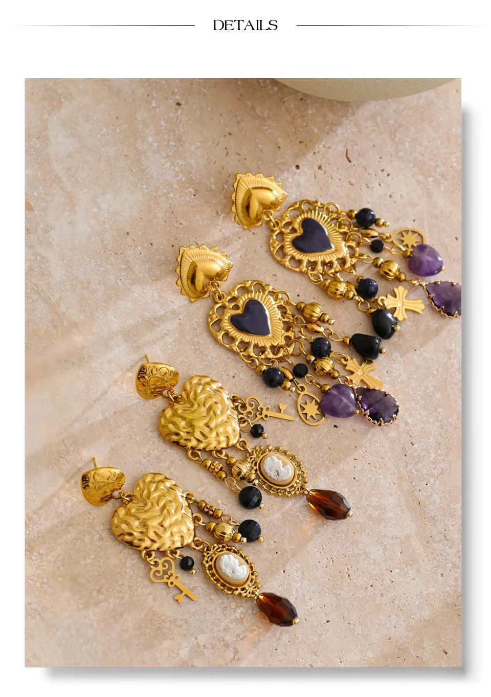 Yhpup Vintage Stainless Steel Heart Cross Key Charm Pendant Drop Earrings Golden Plated Crystal Resin Stone Waterproof Jewelry