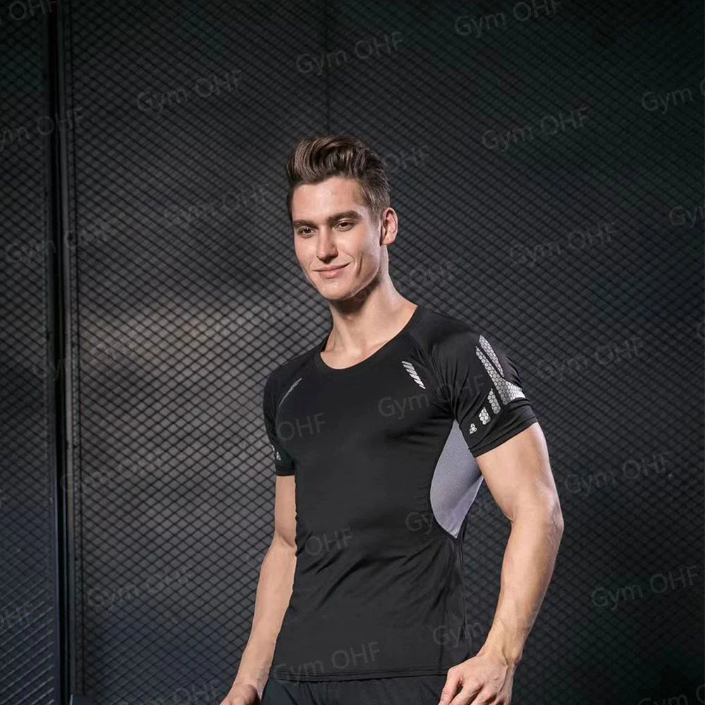 Funny Face 2 in 1 Shorts T Shirt Suits Men's Fitness Breathable Second Skin Compression Shirts Sets Gym Double Deck Shorts