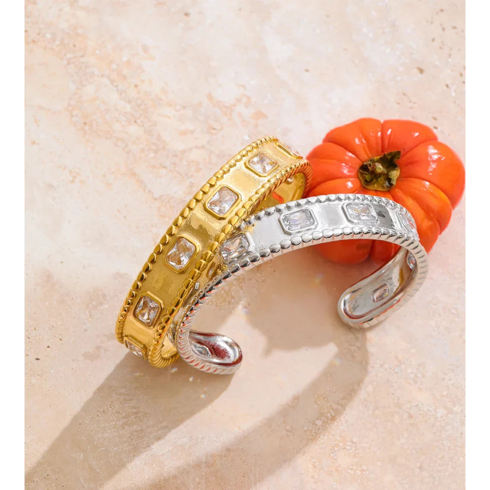 Yhpup 62mm High Quality Stainless Steel Square Zirconia Cuff Bracelet Bangle Trending Texture Premium Jewelry Recommend