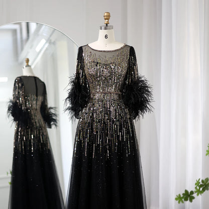 Sharon Said Luxury Feathers Black Dubai Evening Dresses for Women Elegant Fuchsia Arabic Half Sleeve Wedding Party Dress SS339