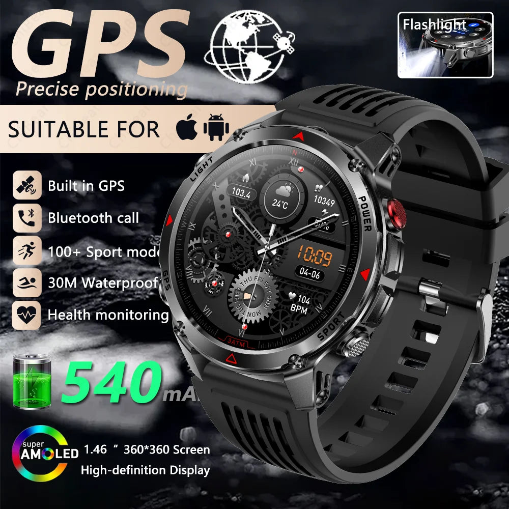 Outdoor Military Smart Watch Men Built-in GPS 1.46" AMOLED Compass