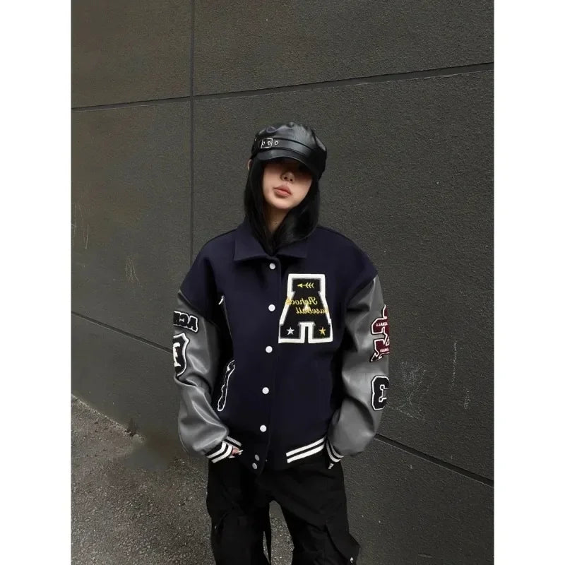 Letter Embroidery Bomber Jacket Men Women Autumn Winter Leather Sleeves