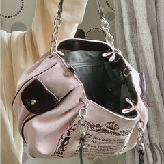 Y2K Women Pink Vintage Gothic Tote Bag Aesthetic Large Capacity Embroidery