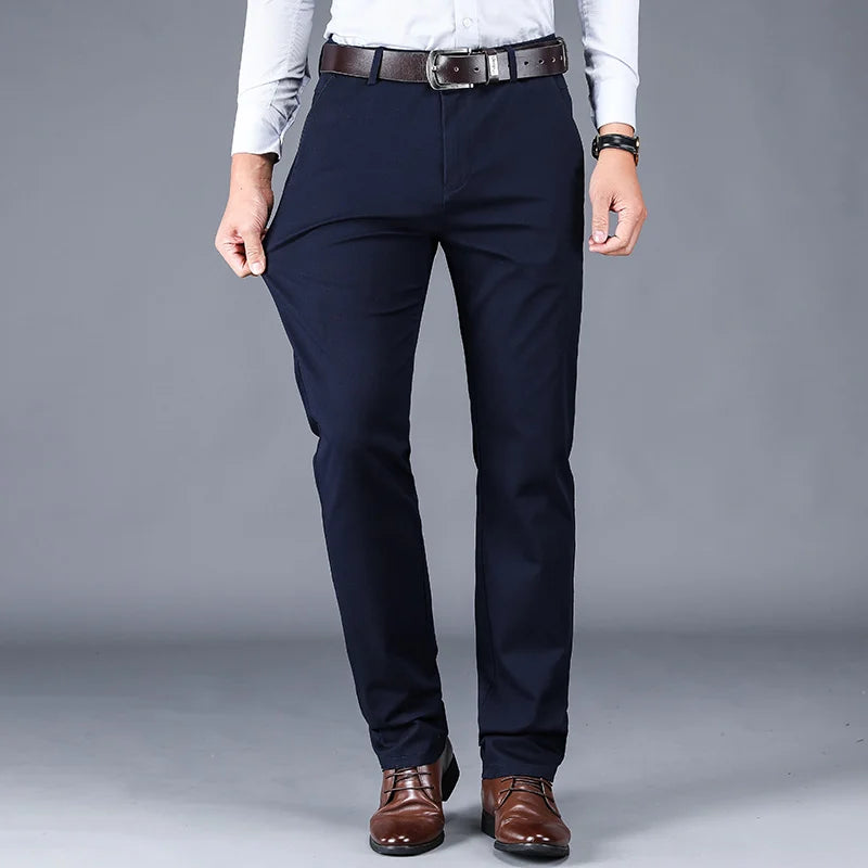 Cotton Casual Pants Men Classic Style Straight Loose High Waist Elastic Trousers