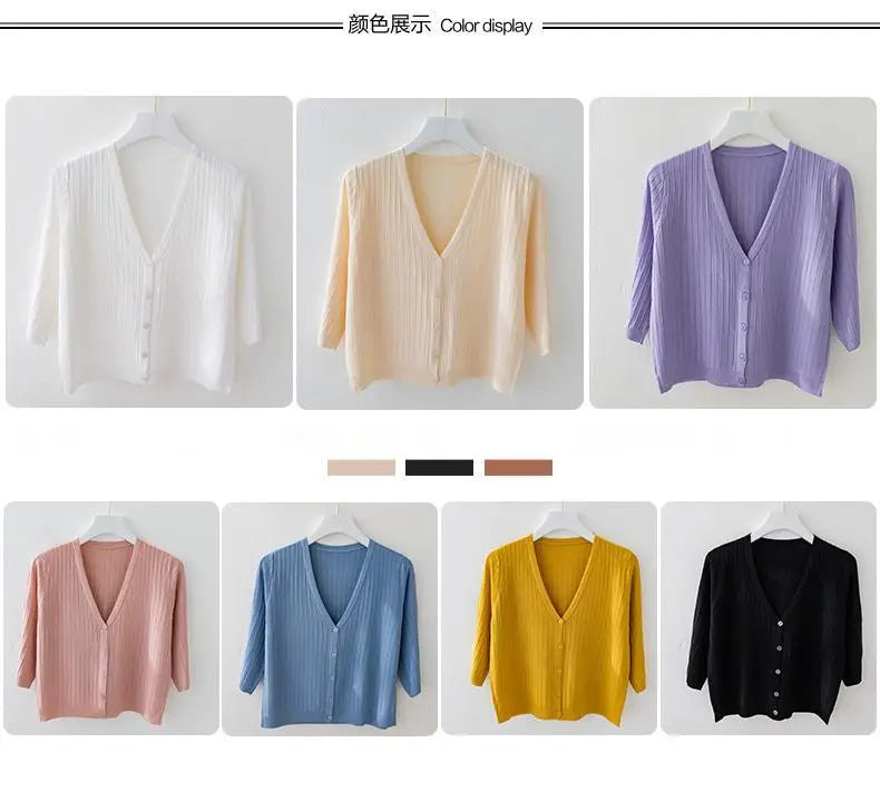 Fashion Women Solid Knitted Sweaters Coats Spring Summer Half Sleeve V-neck