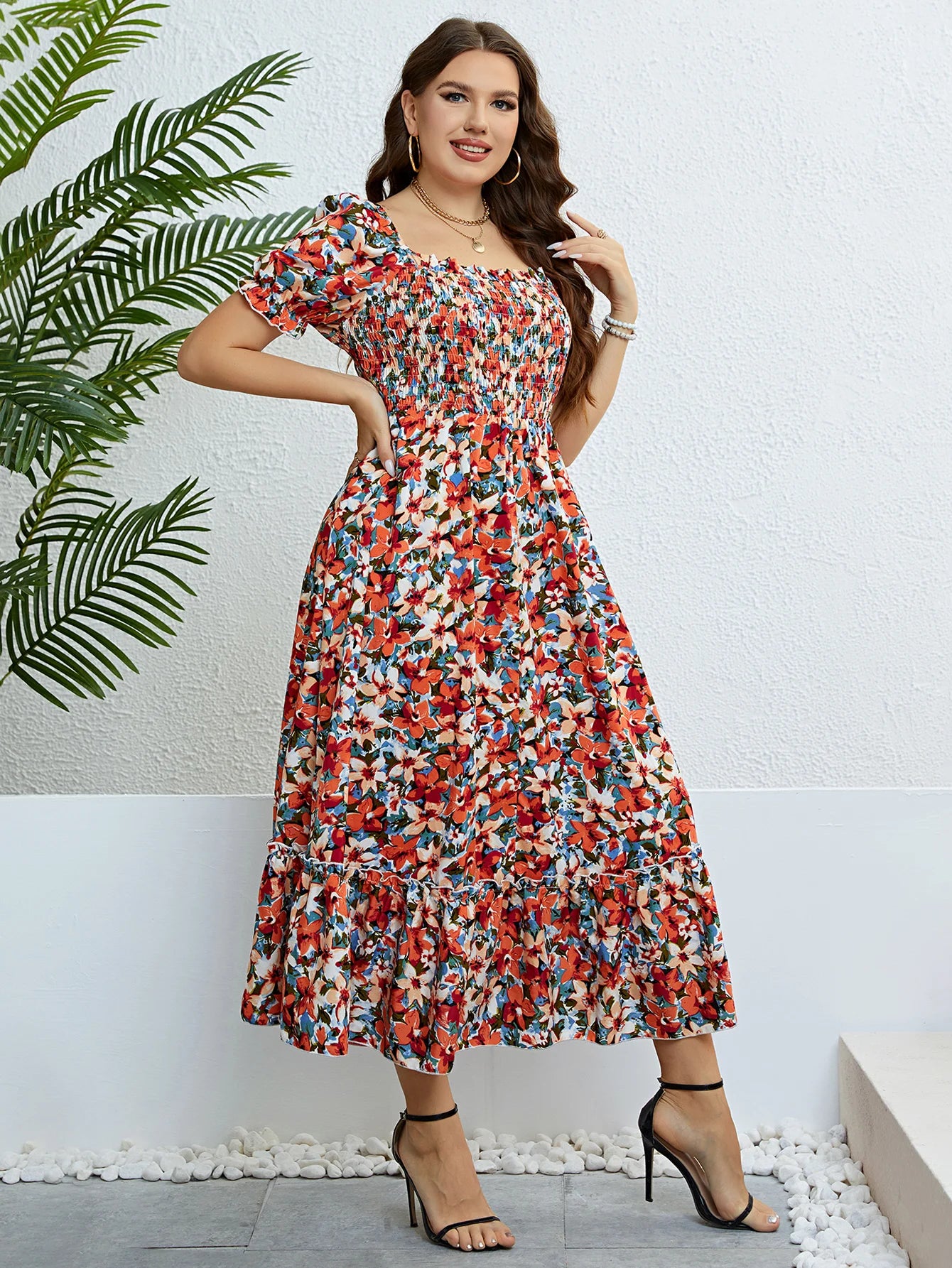 Plus Size Women Clothing Puff Sleeve Floral Maxi Dress Square Collar a Line Cotton Robe Summer 2024 Boho Midi Elegant Dresses