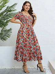 Plus Size Women Clothing Puff Sleeve Floral Maxi Dress Square Collar a Line Cotton Robe