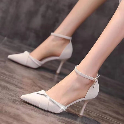 Bling Crystal Ankle Strap Pumps for Women Sexy Pointed Toe Thin Heel Party Shoes Ladies Black White Pu Leather High Heels Shoes