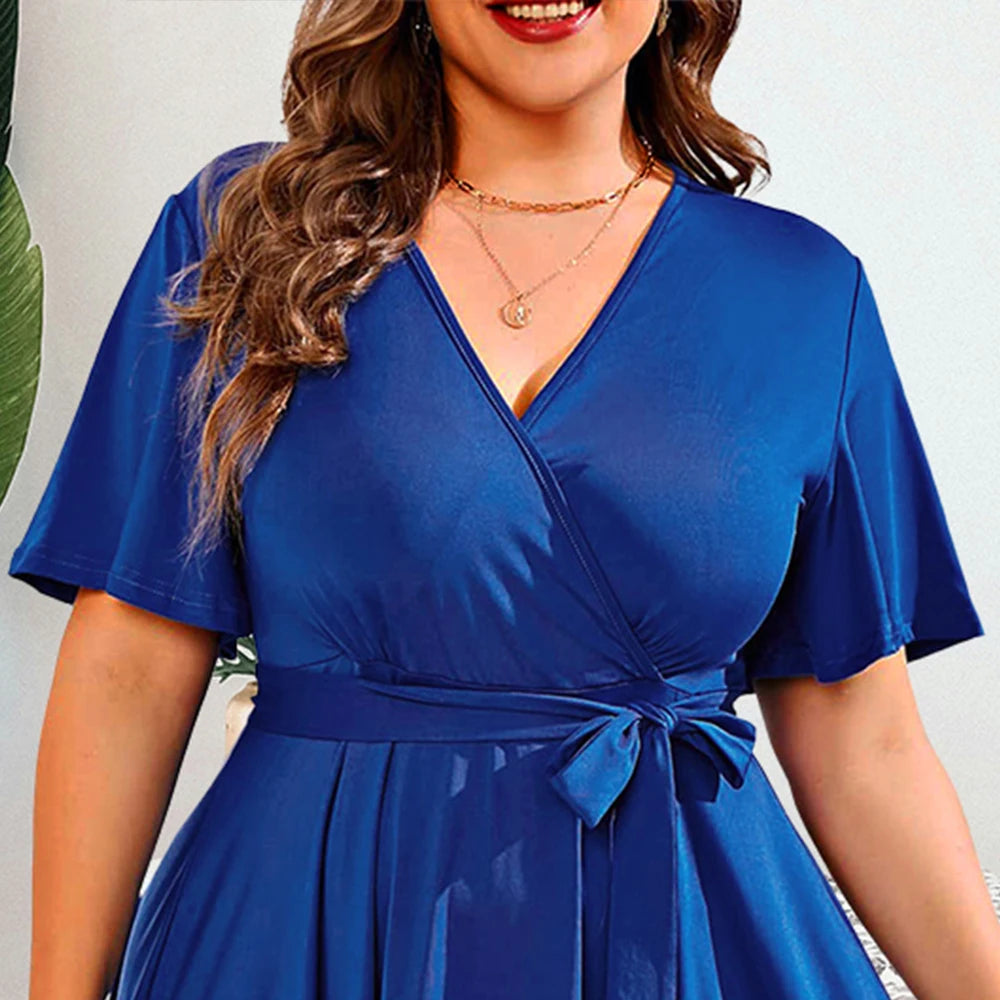 Plus Size L-4XL Women's Dress Summer V-neck Simple Casual Belt Butterfly Short Sleeve A-Line Dress Solid Color Holiday Vestidos
