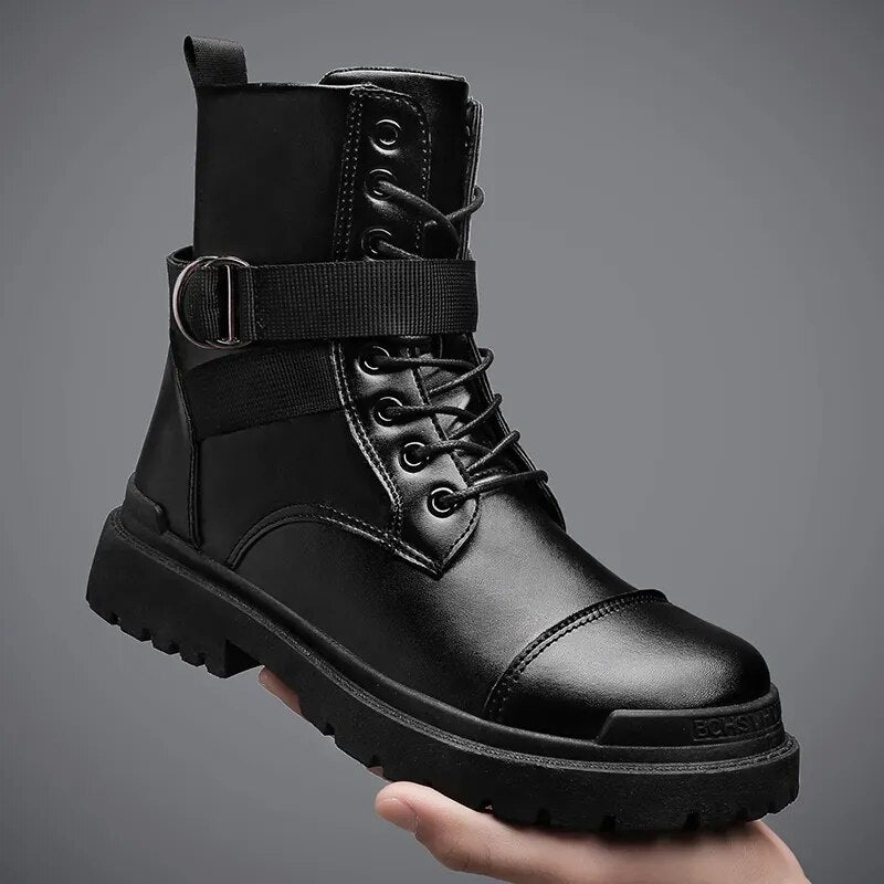 Black Men's Boots Chelsea Fashion Trend Tactical Platform Boots Leather Military Boot Men
