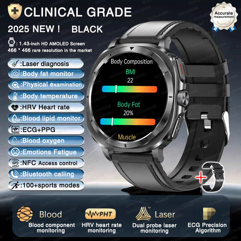 2025 Fashion New Expert level Health Smart Watch Men ECG+PPG Laser Monitor Uric Acid Blood Fat Blood Pressure NFC HD Call Watch