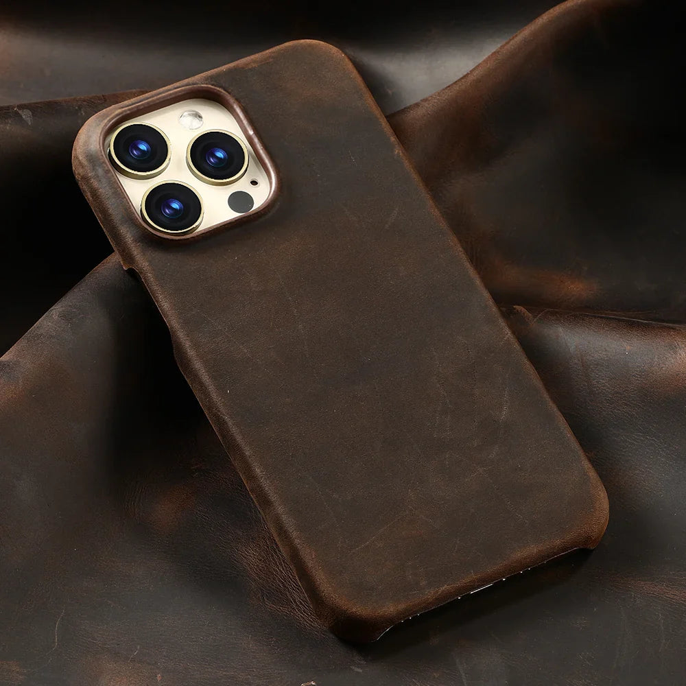 for Magsafe Case for iPhone 15 16 17 Pro Max Air Retro Luxury Full Grain Cowhide Genuine Oiled PULL-UP Leather Magnetic Cover