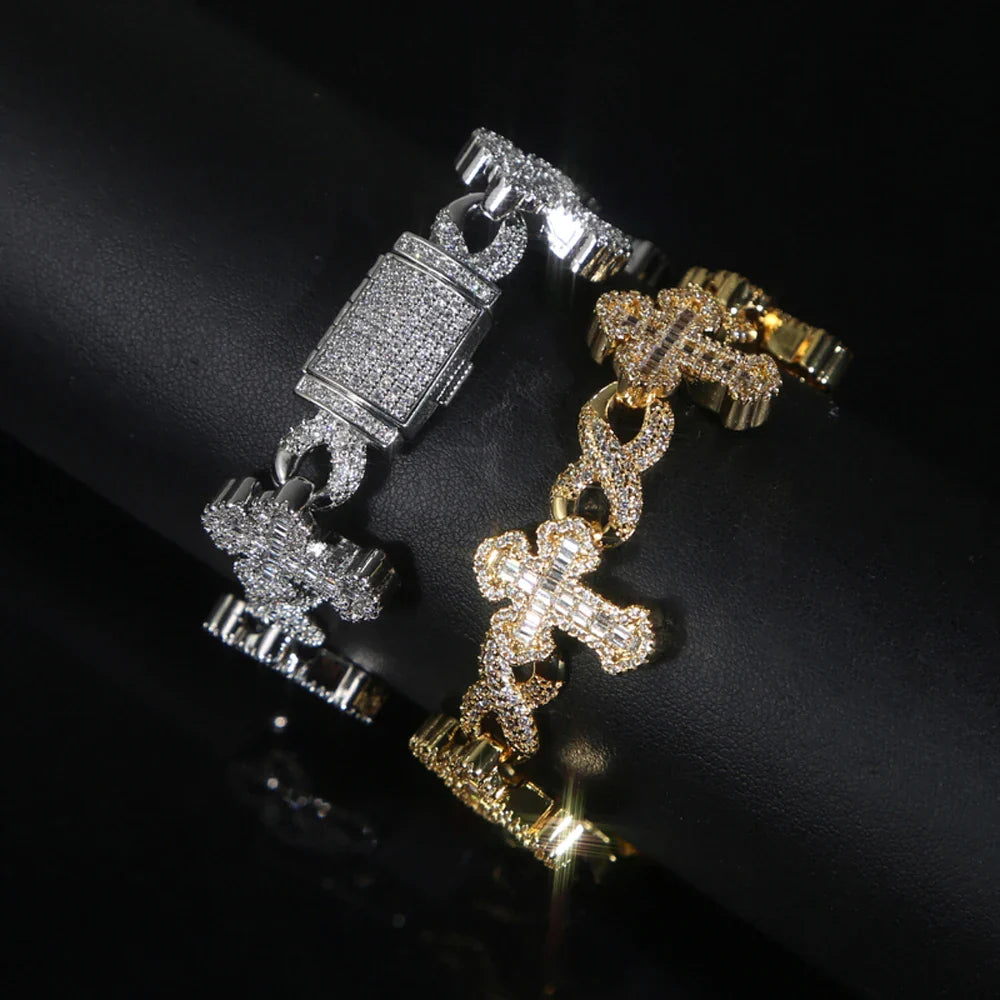 New Iced Out Cross Infinity Charm Bracelet Micro Paved Cubic Zirconia Cuban Chain For Women Men Hip Hop Rapper Jewelry