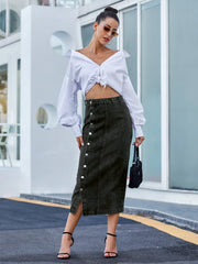 Long skirt cowboy high waisted half length  with irregular split buttons skirts for women